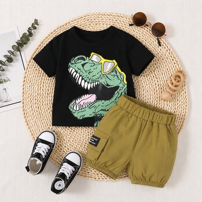2pcs Baby Boy Dinosaur Print Glasses Tee & Cargo Shorts Summer Set,