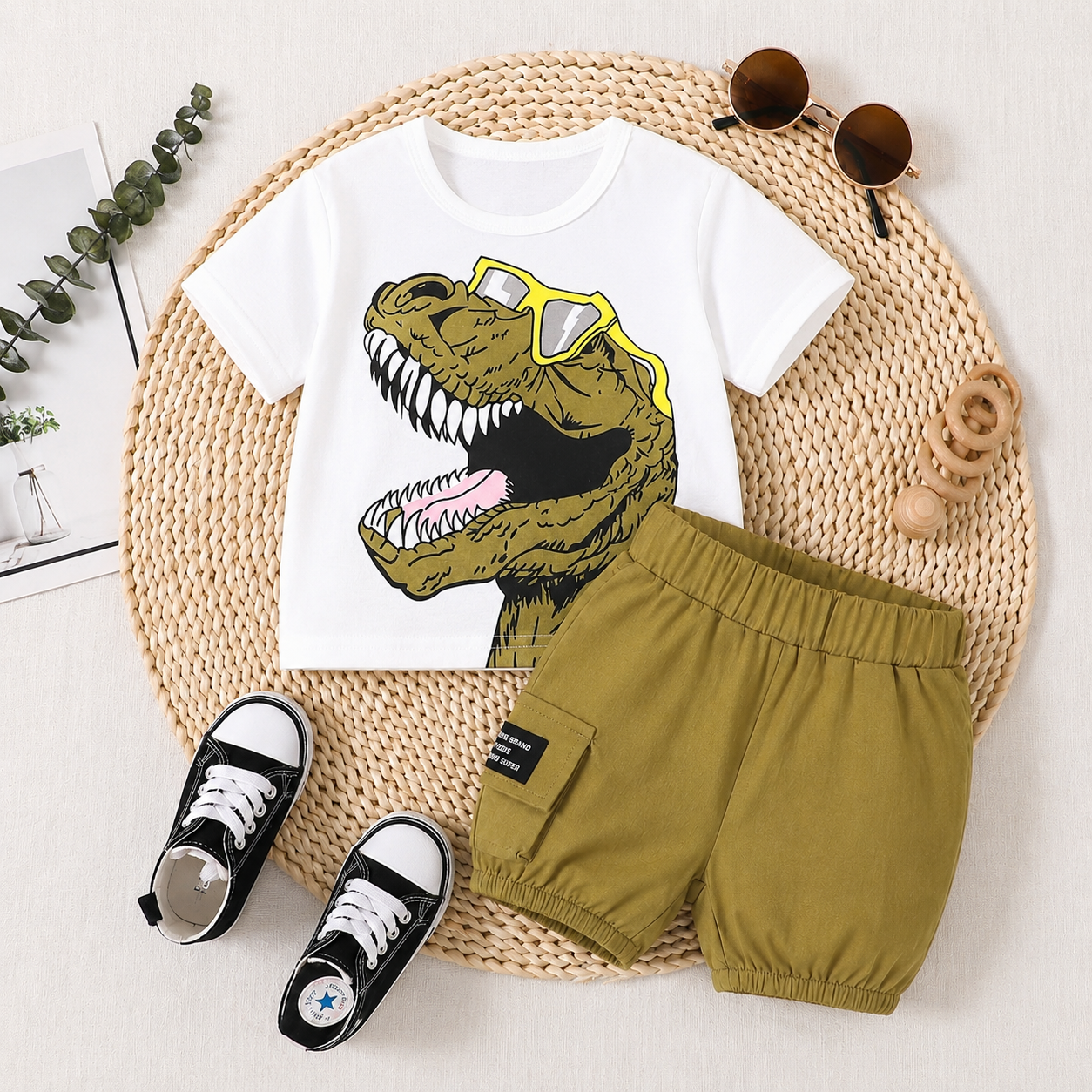 2pcs Baby Boy Dinosaur Print Glasses Tee & Cargo Shorts Summer Set,