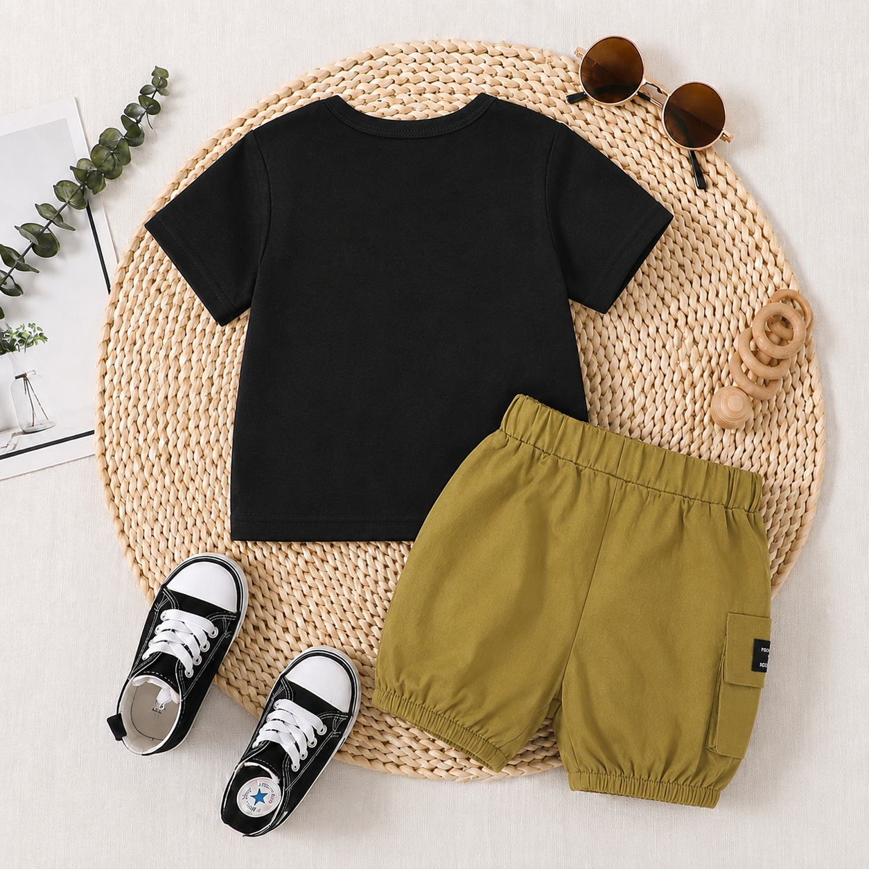 2pcs Baby Boy Dinosaur Print Glasses Tee & Cargo Shorts Summer Set,