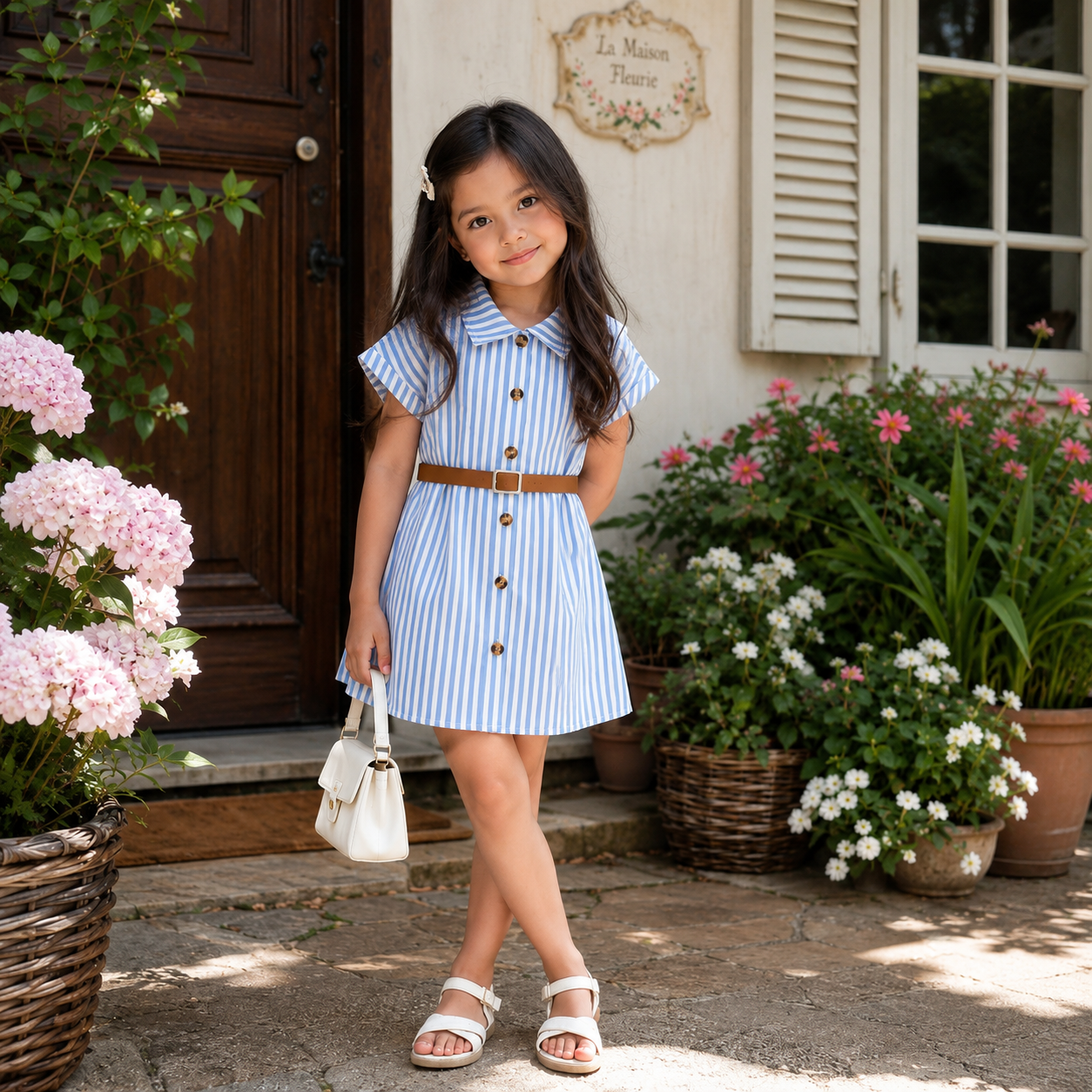 Ensemble robe à rayures bleues et ceinture pour fille
