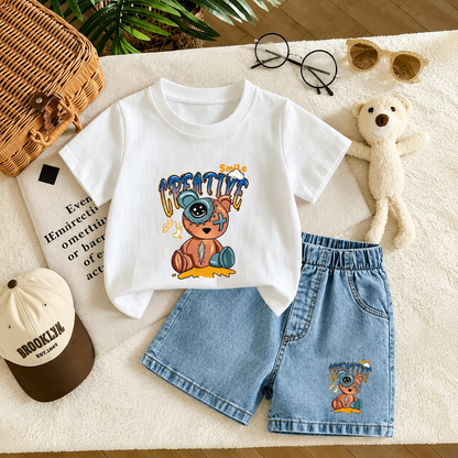 Bear Print T-Shirt & Denim Shorts Kids Summer Set 🧸👕👖
