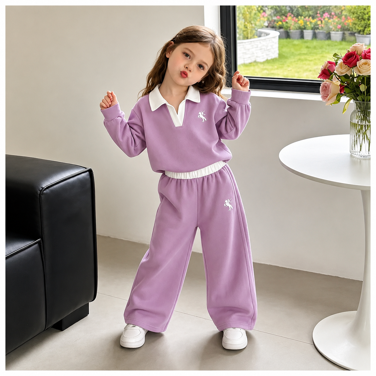 Unisex Contrast-Collar Two-Piece Casual Set – Long Sleeve Top & Matching Pants