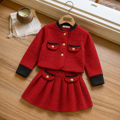 Girls Elegant Red Tweed Jacket & Skirt Set – Classic Party Wear Outfit Made with a Chanel dress