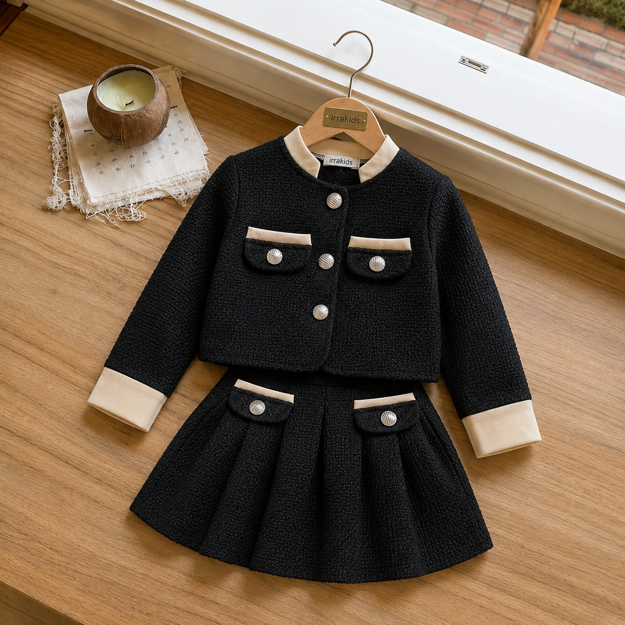 Girls Elegant Red Tweed Jacket & Skirt Set – Classic Party Wear Outfit Made with a Chanel dress