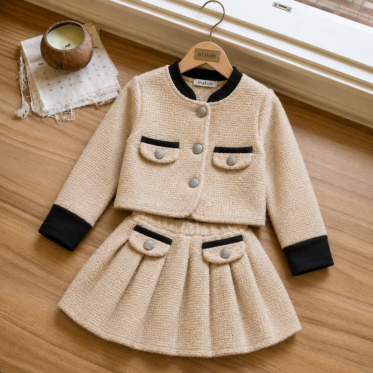 Girls Elegant Red Tweed Jacket & Skirt Set – Classic Party Wear Outfit Made with a Chanel dress