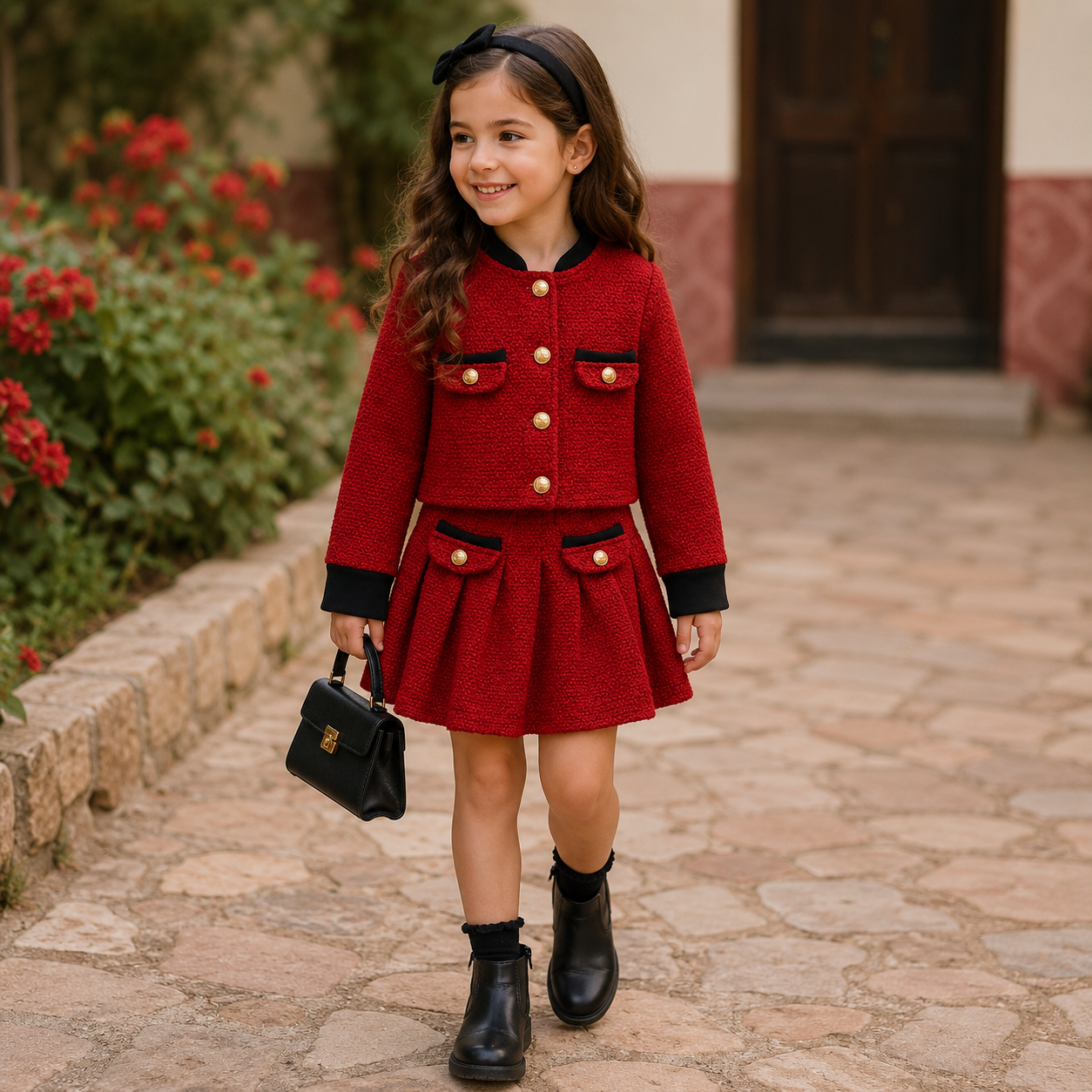 Girls Elegant Red Tweed Jacket & Skirt Set – Classic Party Wear Outfit Made with a Chanel dress