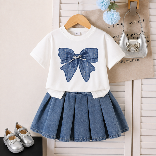 Girls' Bow Print T-Shirt & Pleated Denim Skirt 2-Piece Outfit Set – Stylish Casual Summer Clothing