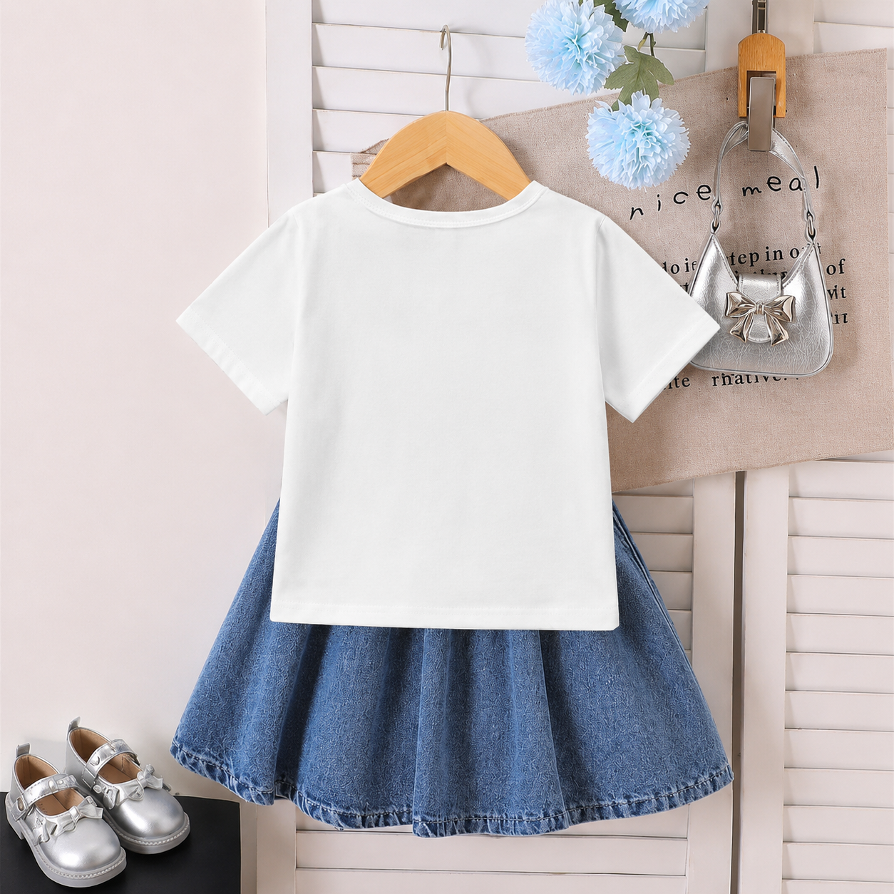 Girls' Bow Print T-Shirt & Pleated Denim Skirt 2-Piece Outfit Set – Stylish Casual Summer Clothing