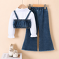 Ensemble 3 pièces pour filles avec pantalon en jean évasé, chemise blanche à manches bouffantes et débardeur en jean superposé