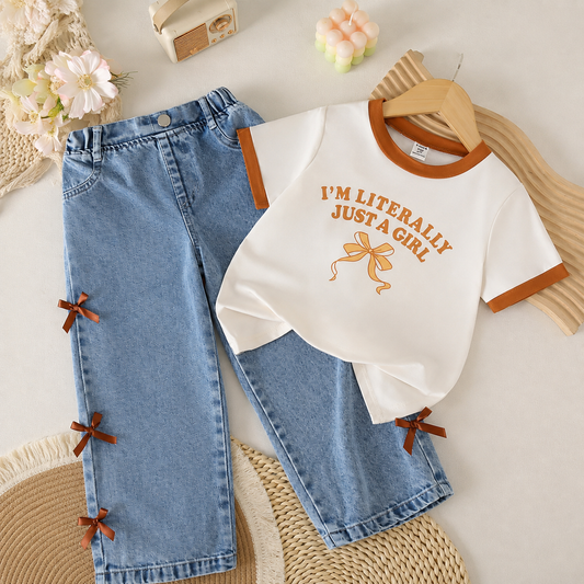Ensemble T-shirt imprimé nœud « I'm Literally Just a Girl » et jean large en denim avec rubans pour fille