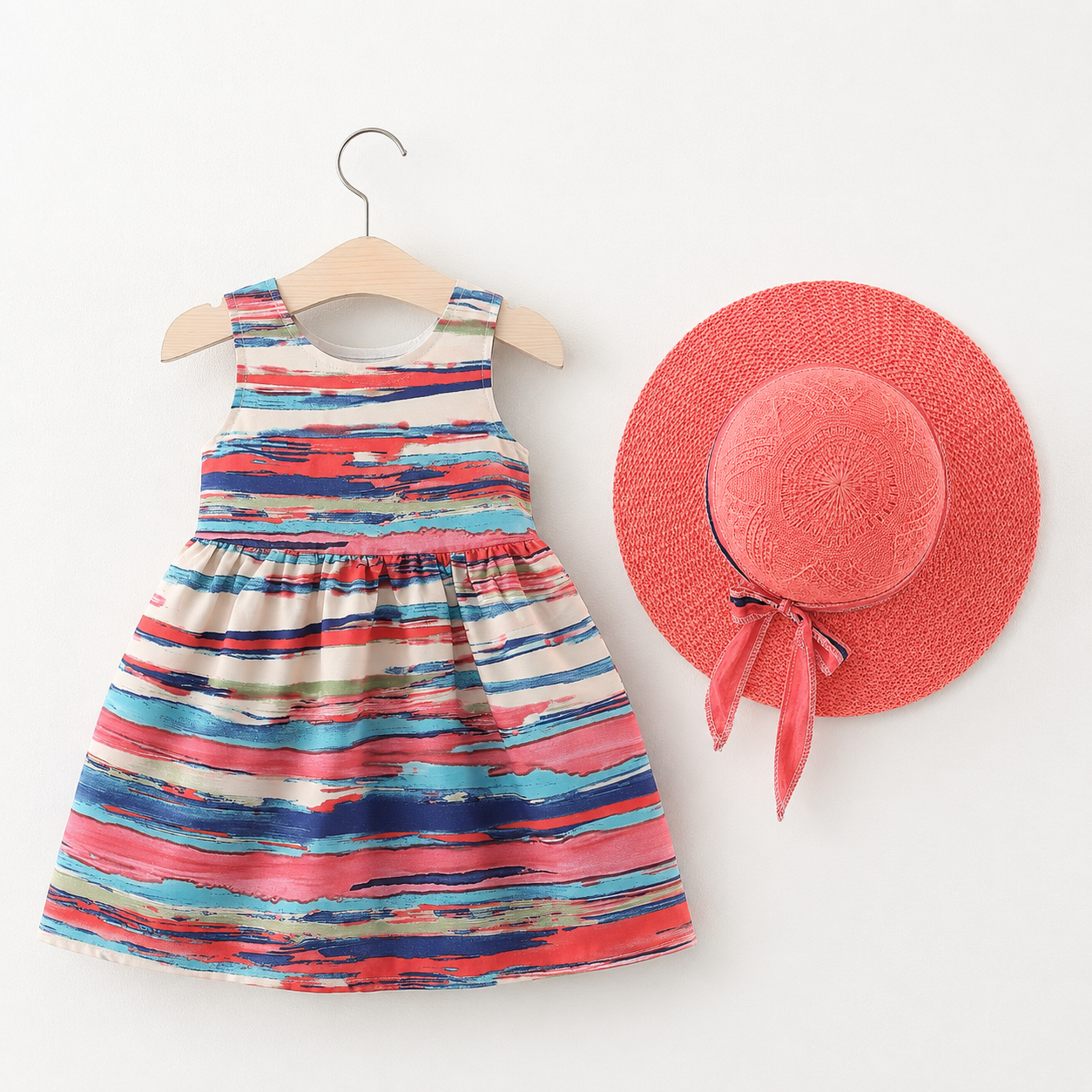 Robe d'été colorée pour fille avec un chapeau élégant et un grand nœud papillon
