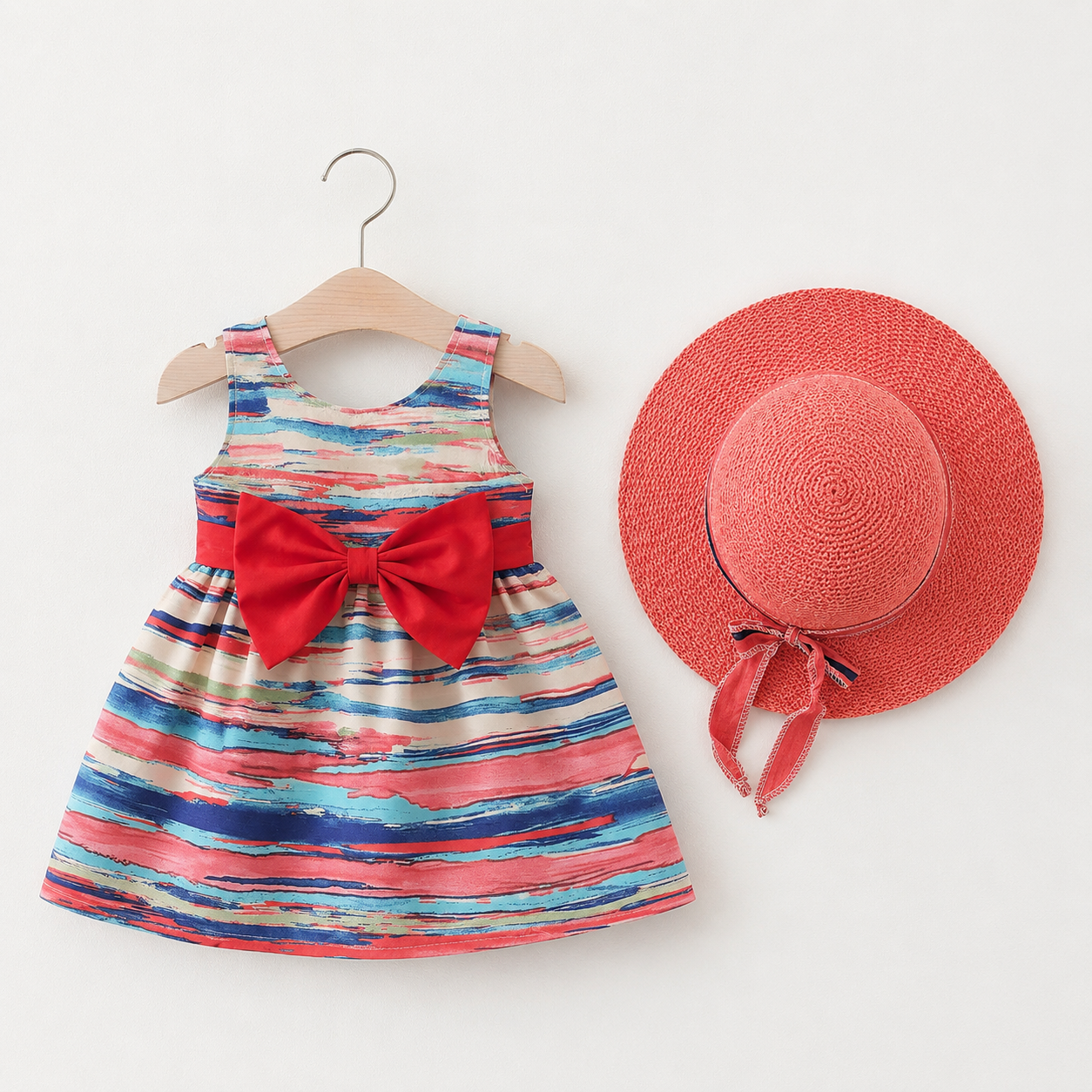 Robe d'été colorée pour fille avec un chapeau élégant et un grand nœud papillon