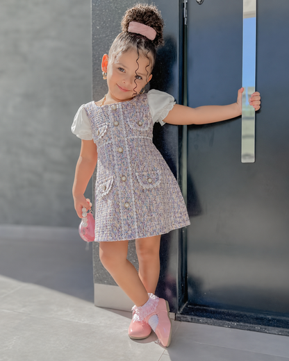 Girls Elegant Tweed Puff Sleeve Party Dress – Princess Style A-Line Dress