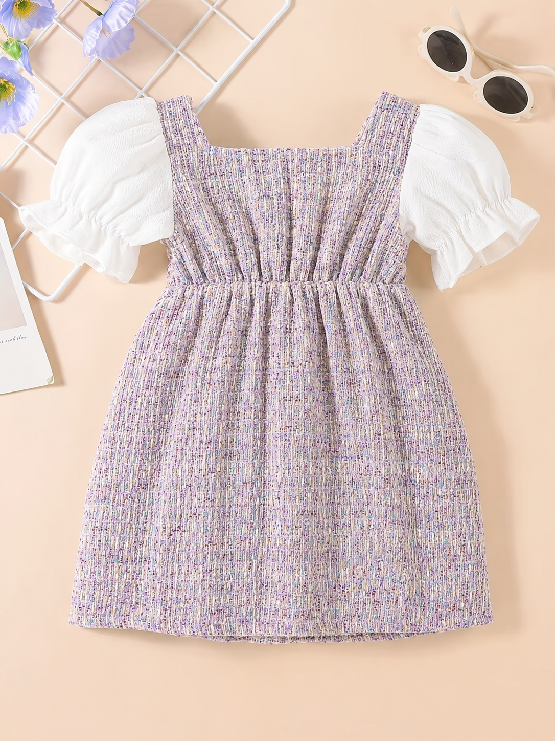 Girls Elegant Tweed Puff Sleeve Party Dress – Princess Style A-Line Dress
