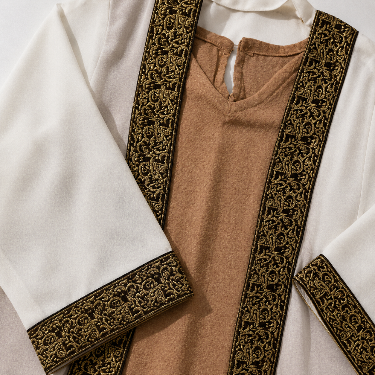 Classic Embroidered Girls Traditional Dress with Belt Detail – Ivory & Beige