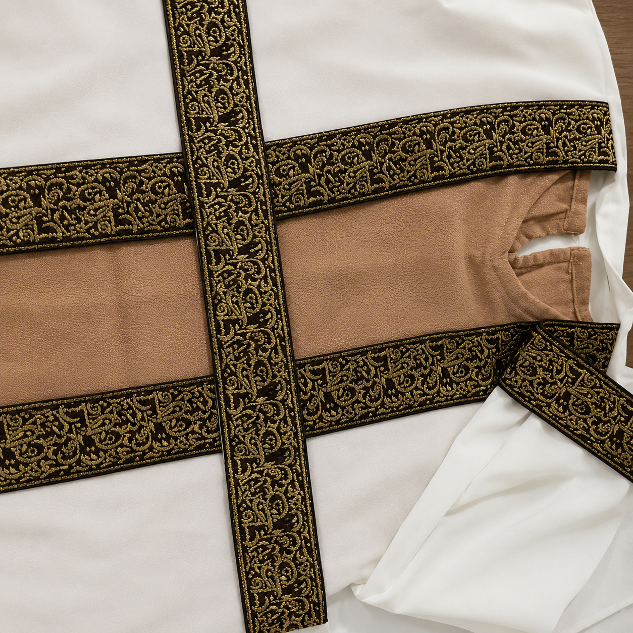 Classic Embroidered Girls Traditional Dress with Belt Detail – Ivory & Beige
