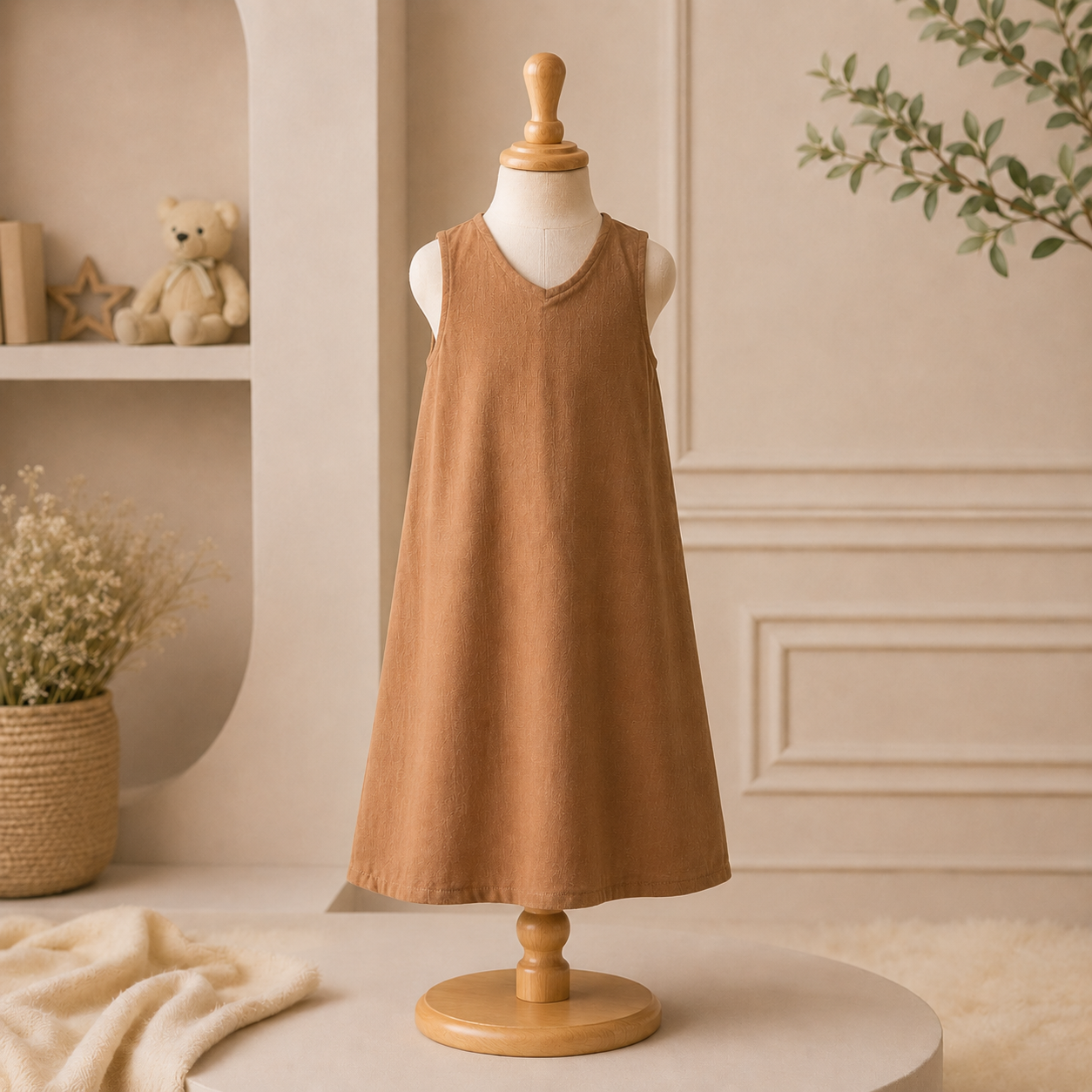 Classic Embroidered Girls Traditional Dress with Belt Detail – Ivory & Beige