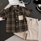 Boys 2-Piece Summer Outfit – Plaid Shirt & Beige Shorts Set