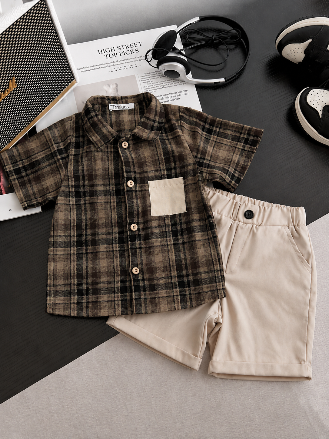 Boys 2-Piece Summer Outfit – Plaid Shirt & Beige Shorts Set