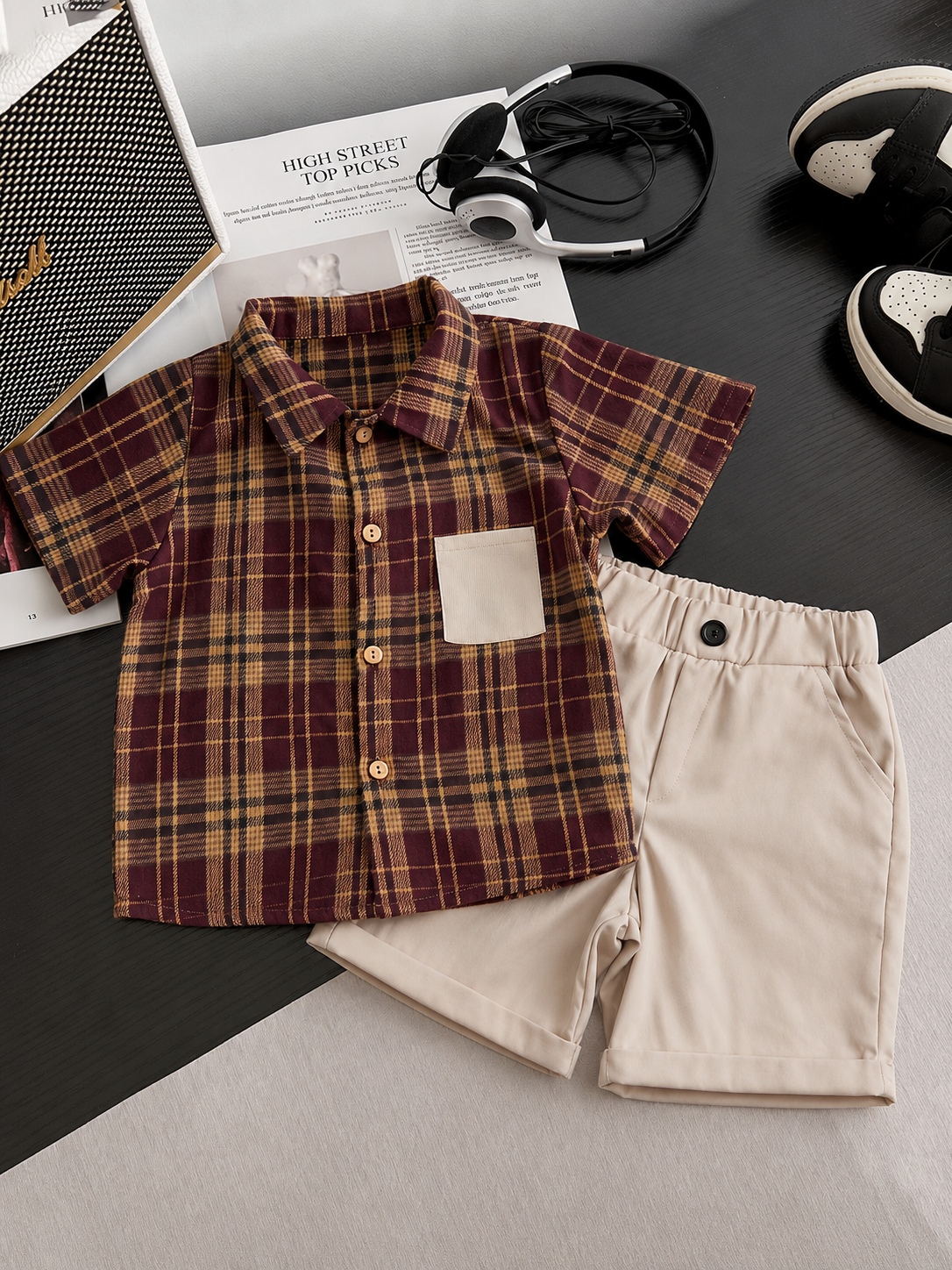 Boys 2-Piece Summer Outfit – Plaid Shirt & Beige Shorts Set
