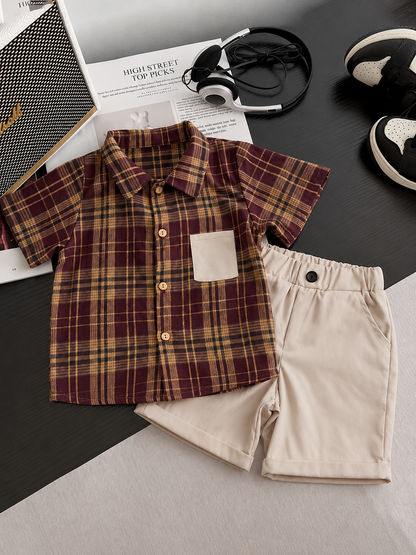 Boys 2-Piece Summer Outfit – Plaid Shirt & Beige Shorts Set