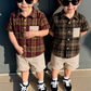 Boys 2-Piece Summer Outfit – Plaid Shirt & Beige Shorts Set
