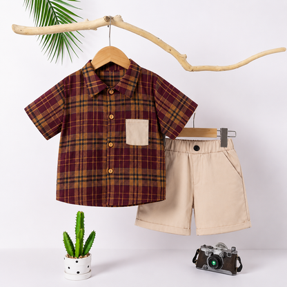 Boys 2-Piece Summer Outfit – Plaid Shirt & Beige Shorts Set