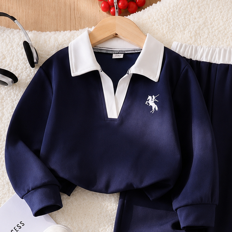 Unisex Contrast-Collar Two-Piece Casual Set – Long Sleeve Top & Matching Pants