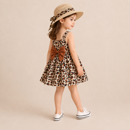Ensemble deux pièces 100 % coton, robe léopard à col carré, sans manches, nœud papillon et chapeau
