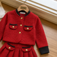 Girls Elegant Red Tweed Jacket & Skirt Set – Classic Party Wear Outfit Made with a Chanel dress
