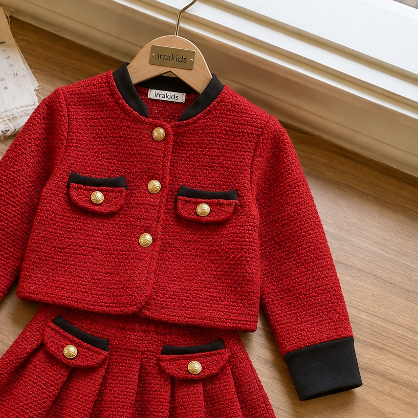 Girls Elegant Red Tweed Jacket & Skirt Set – Classic Party Wear Outfit Made with a Chanel dress