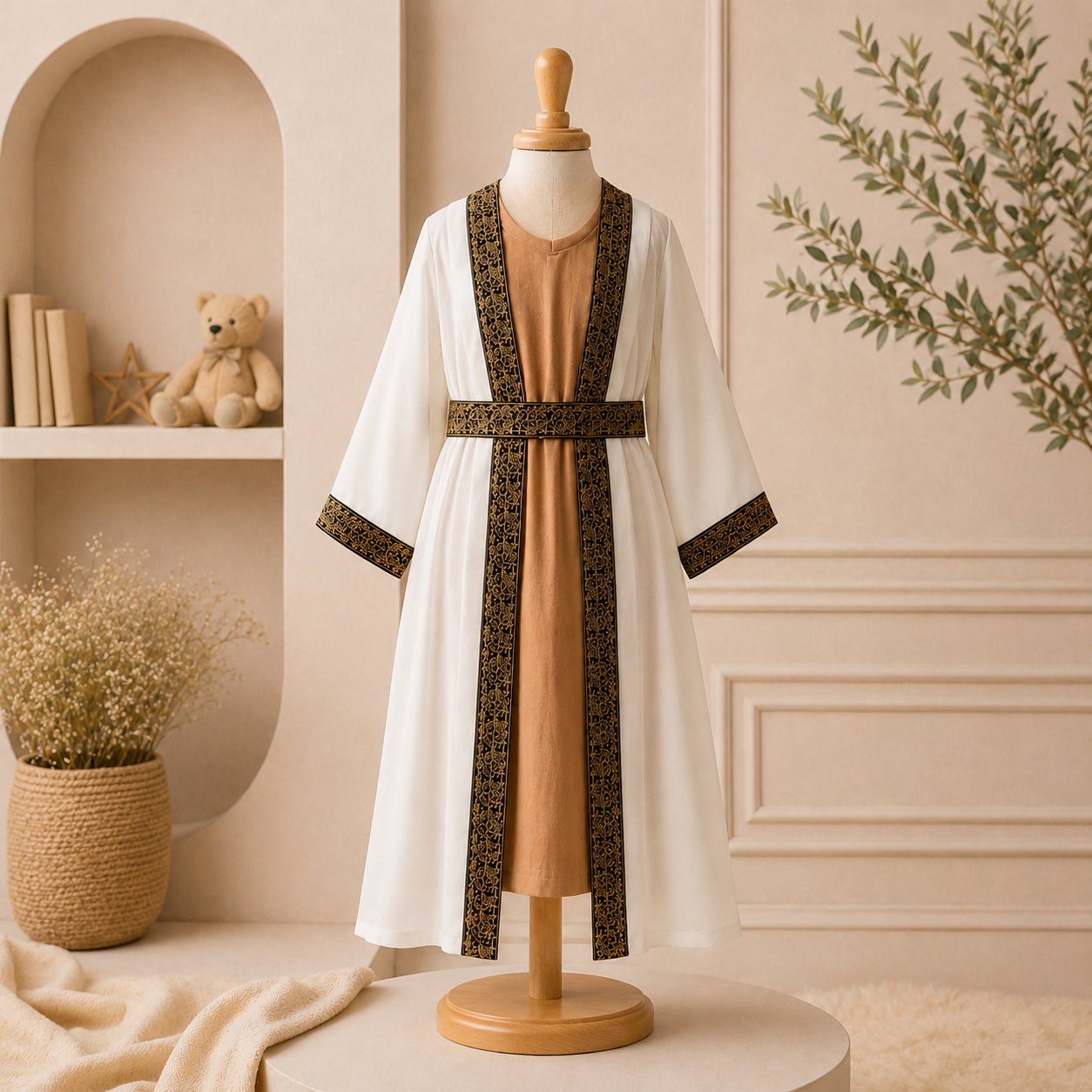 Classic Embroidered Girls Traditional Dress with Belt Detail – Ivory & Beige