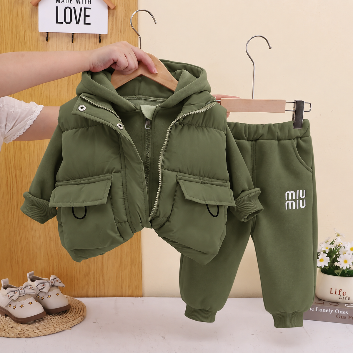 Cozy 3-Piece Unisex Hooded Set – Warm Vest, Sweatshirt & Jogger Pants