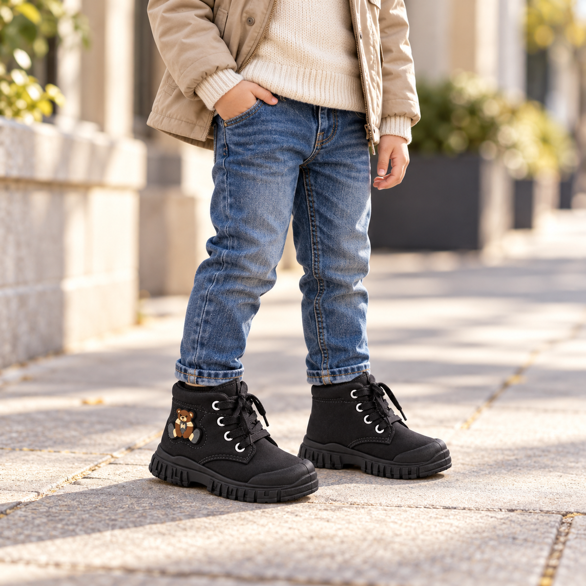 Bottines à lacets Teddy Bear pour enfants avec finition mate douce, col rembourré et semelle épaisse – Style automne et hiver au quotidien en beige, marron et noir