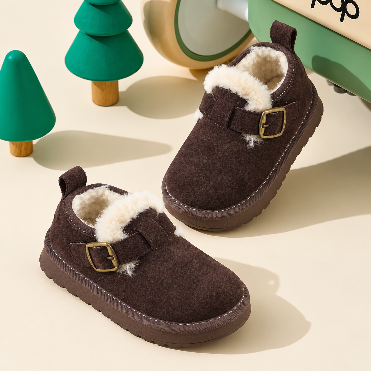 Chaussures montantes pour enfants, doublées de polaire, aspect daim, avec boucle classique et semelle épaisse pour des tenues d'automne et d'hiver ravissantes