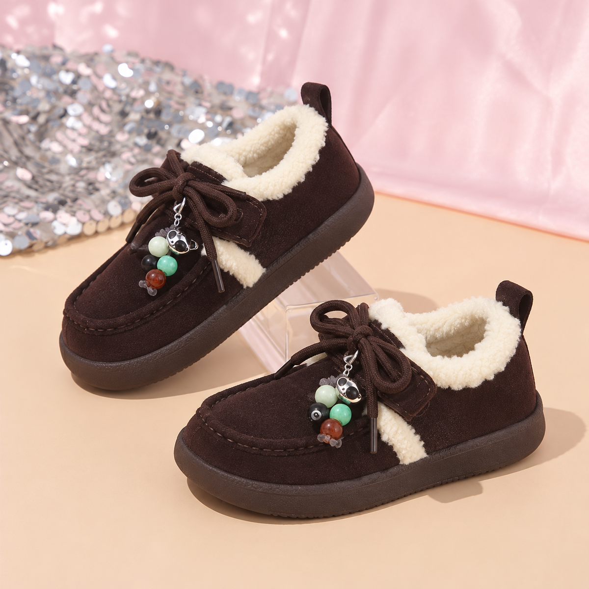 Mocassins pour enfants Little Charm avec garniture en polaire confortable, lacets à nœud et détails perlés colorés – Un style charmant pour l'automne et l'hiver