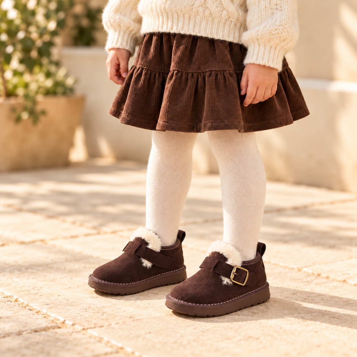 Chaussures montantes pour enfants, doublées de polaire, aspect daim, avec boucle classique et semelle épaisse pour des tenues d'automne et d'hiver ravissantes