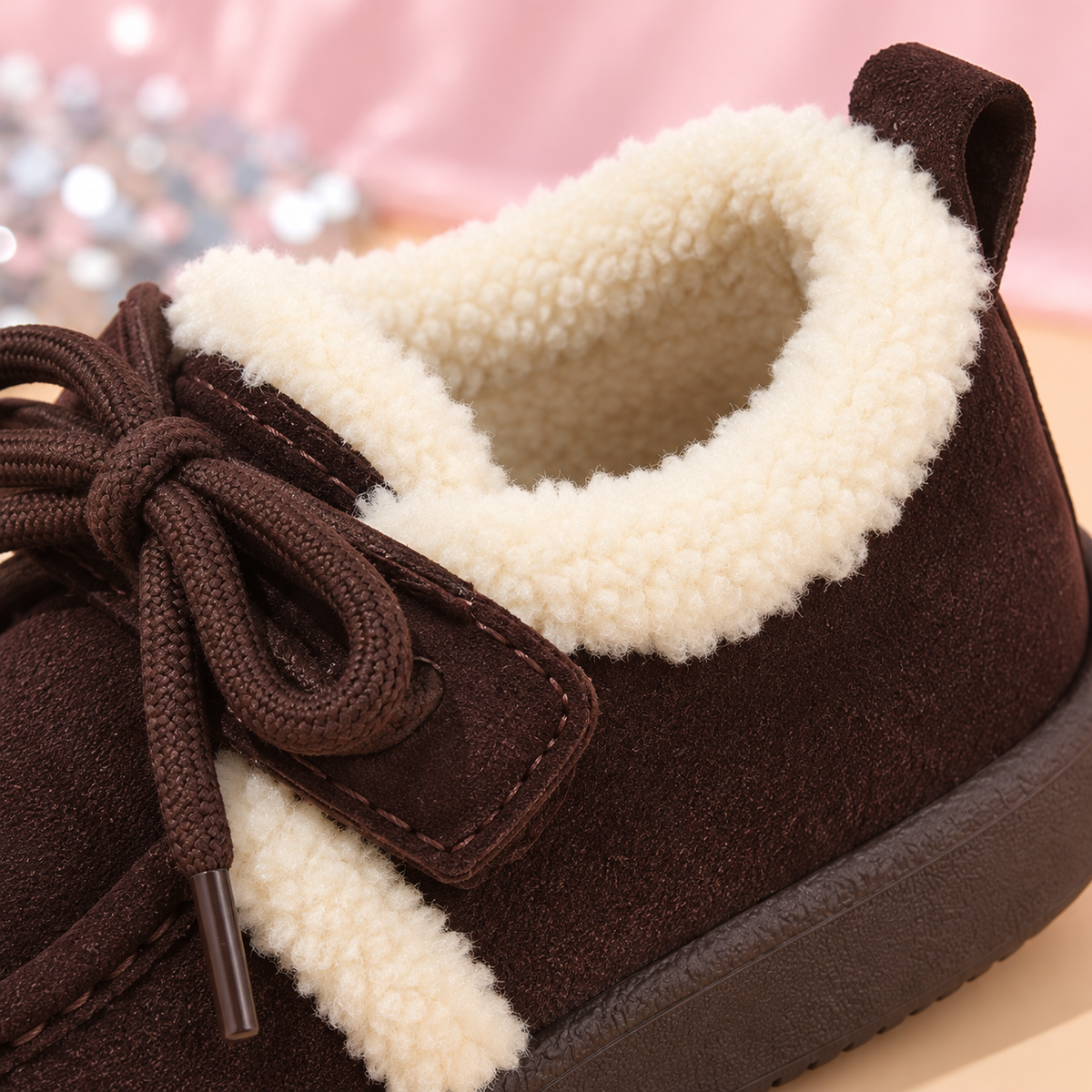 Mocassins pour enfants Little Charm avec garniture en polaire confortable, lacets à nœud et détails perlés colorés – Un style charmant pour l'automne et l'hiver