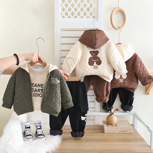 Ensemble d'hiver 3 pièces matelassé et douillet pour garçon – Veste à capuche, sweat-shirt et pantalon de jogging chaud