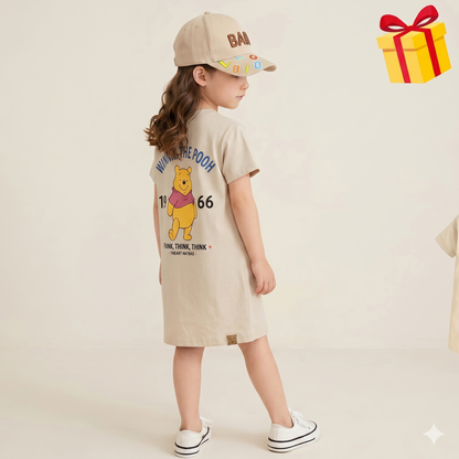 Chemise longue en pur coton pour filles – Robe d'été décontractée avec motif de dessin animé et chapeau assorti