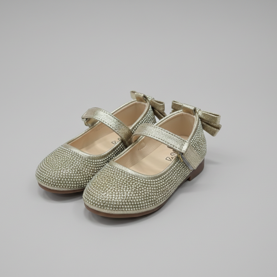 Girls Sparkly Mary Jane Flats with Bow – Elegant Rhinestone Party Shoes