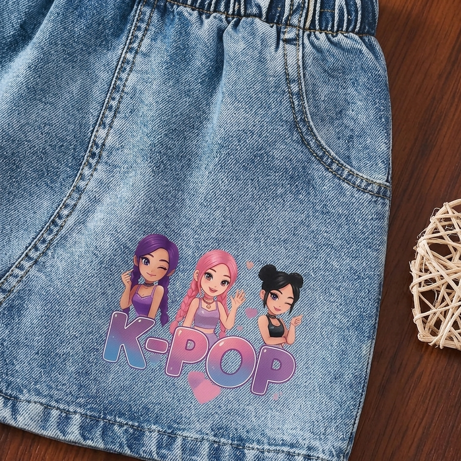 K-Pop Girls Summer Set – Pink T-Shirt & Denim Skirt