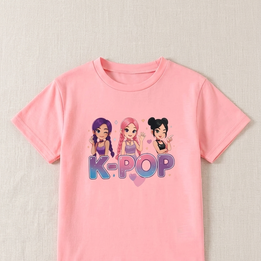 K-Pop Girls Summer Set – Pink T-Shirt & Denim Skirt