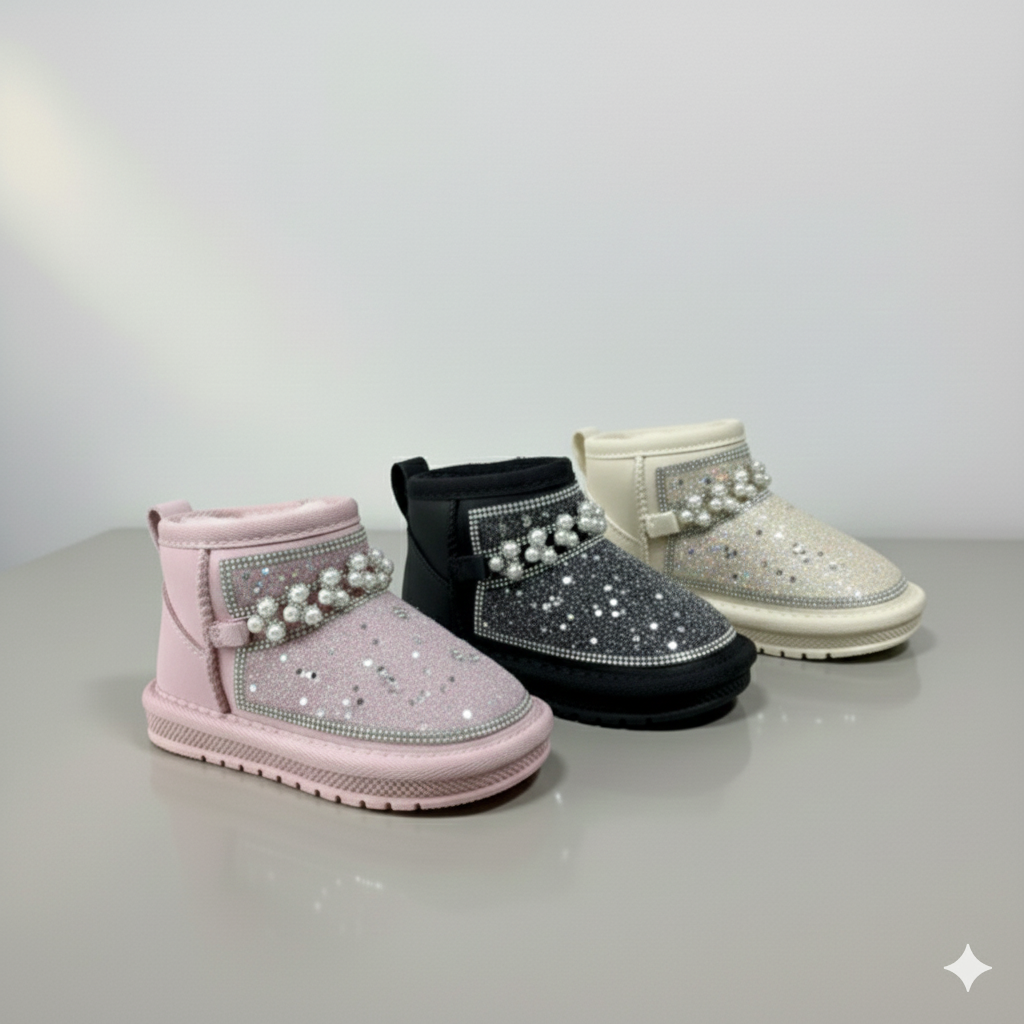 Kids Winter Glitter Boots with Pearls – Warm Fur Lined Non-Slip Ankle Shoes for Girls,