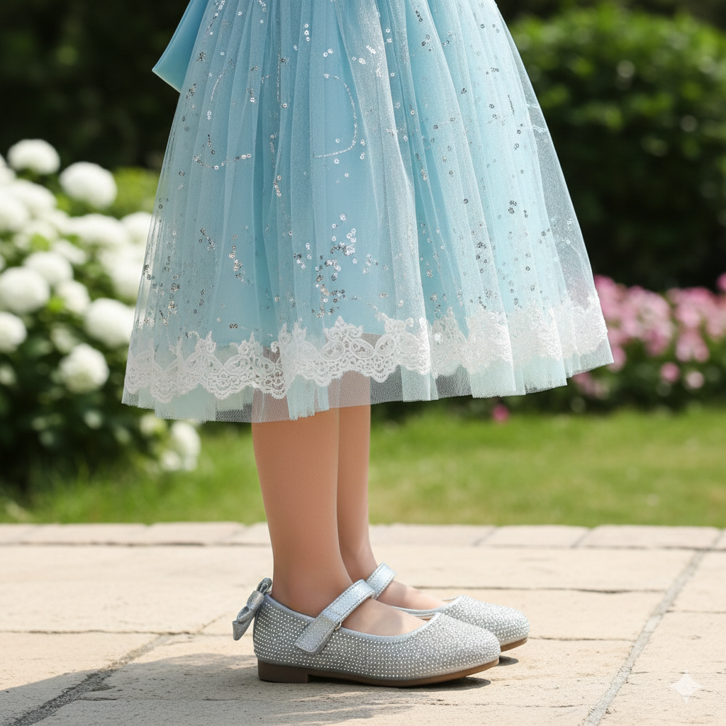 Girls Sparkly Mary Jane Flats with Bow – Elegant Rhinestone Party Shoes