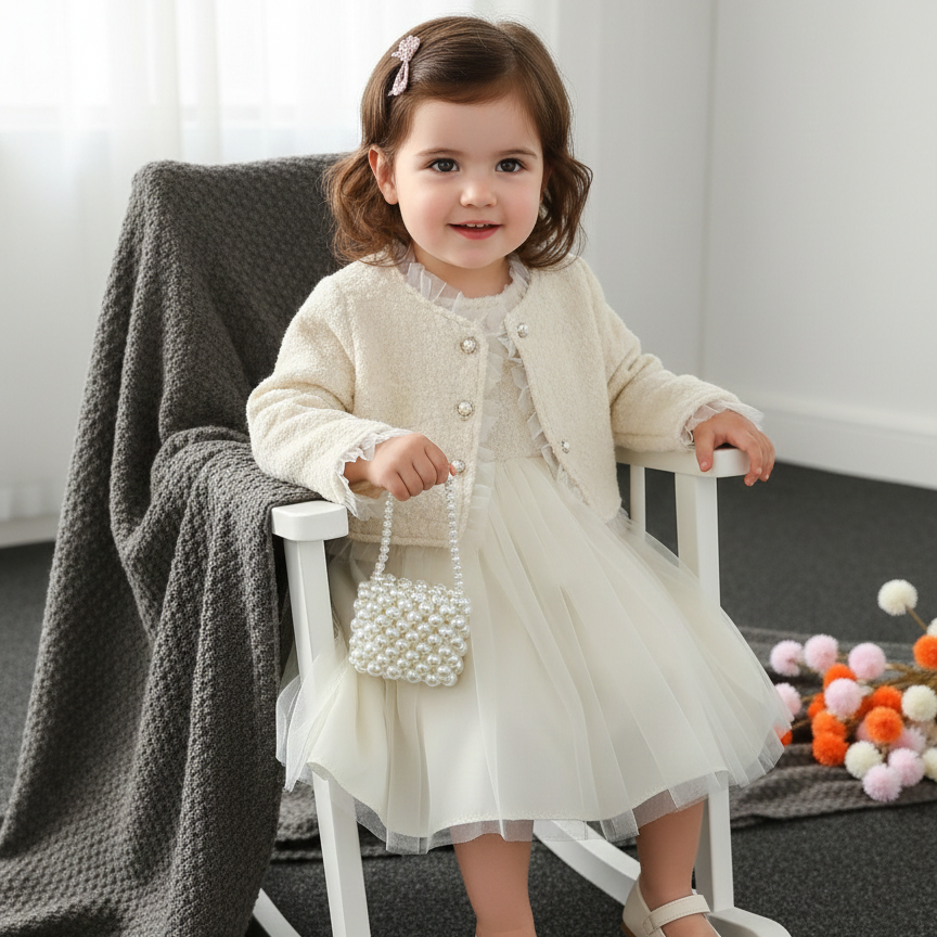 Ensemble robe élégante en tulle ivoire pour fille avec veste douce