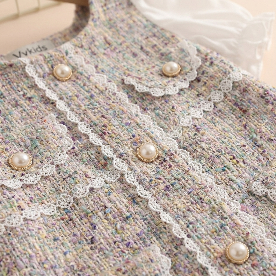 Girls Elegant Tweed Puff Sleeve Party Dress – Princess Style A-Line Dress