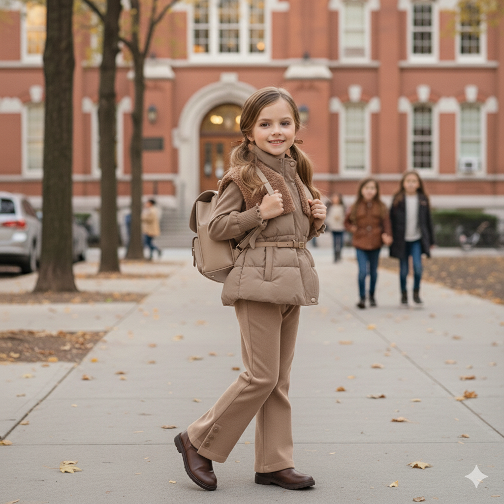 طقم شتوي أنيق للأطفال - جاكيت منفوخ مع حزام وبنطال مخملي