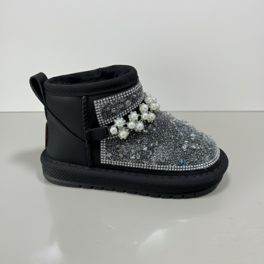 Kids Winter Glitter Boots with Pearls – Warm Fur Lined Non-Slip Ankle Shoes for Girls,