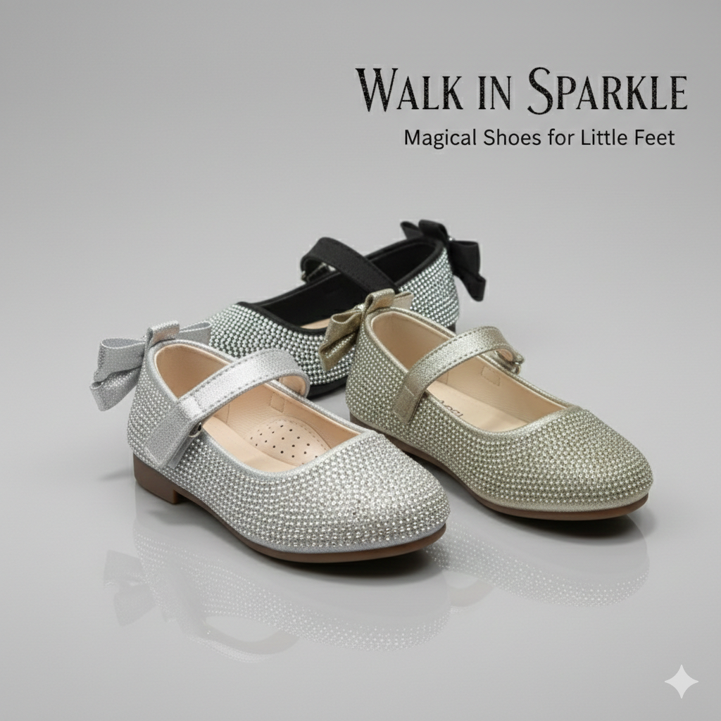 Girls Sparkly Mary Jane Flats with Bow – Elegant Rhinestone Party Shoes